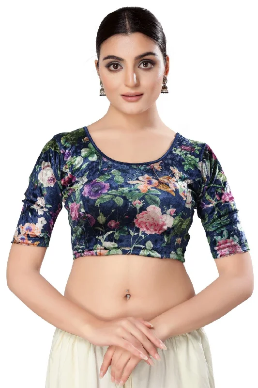 Navy Blue Velvet Printed Short Sleeves Blouse Casual Relaxed Fit Blouse