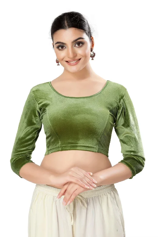 Olive Green Velvet Solid Three-Quarter Sleeves Blouse Elegant Lace Blouse