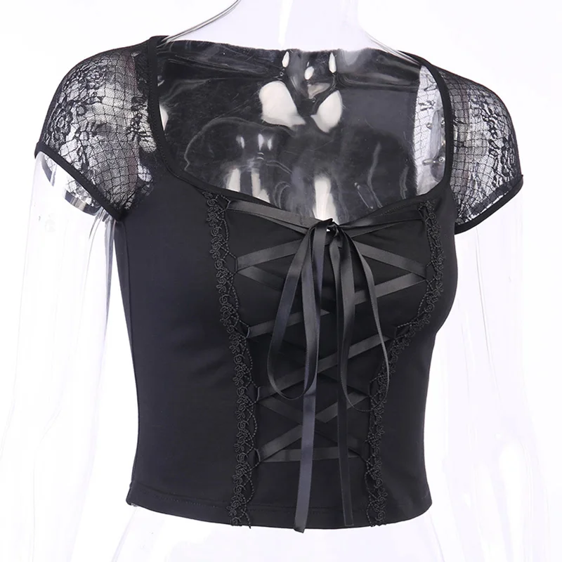 Vintage Tops Goth T-shirt Women Bandage Lace T-shirts Gothic Top L-- Mesh Blend Leather Blend Suede Blend Vintage Tops Goth T-shirt Women Bandage Lace T-shirts Gothic Top L-- Mesh Blend Leather Blend Suede Blend