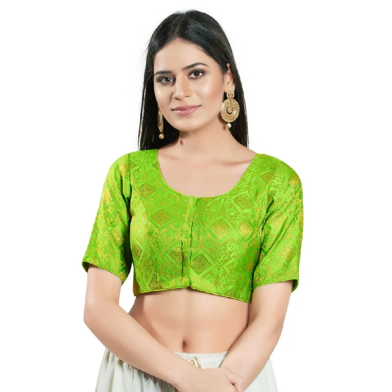 Bright Green Brocade Woven Design Elbow Sleeve Blouse Elegant Semi-Sheer Blouse