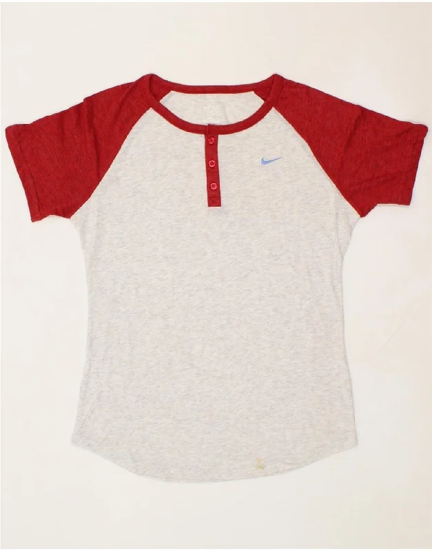 NIKE Womens T-Shirt Top UK 14 Medium Grey Colourblock Cotton-- Fleece Nylon Spandex