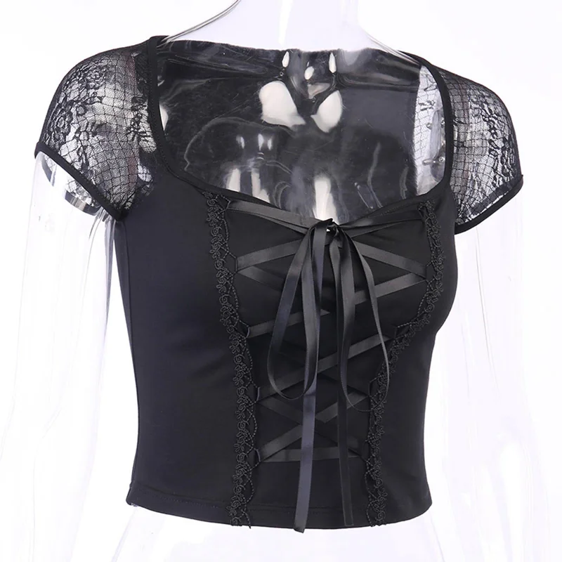 Vintage Tops Goth T-shirt Women Bandage Lace T-shirts Gothic Top S-- Polka Dot Checkered Tartan Vintage Tops Goth T-shirt Women Bandage Lace T-shirts Gothic Top S-- Polka Dot Checkered Tartan