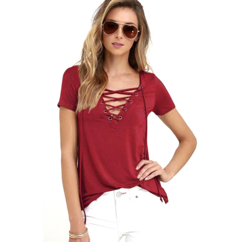 Summer Fashion Women T-shirts Short Sleeve Sexy Deep V Neck Bandage Shirts Women Lace Up Tops Tees T Shirt plus size LJ3422M-- Chenille Fabric Brocade Fabric Lace Fabric Summer Fashion Women T-shirts Short Sleeve Sexy Deep V Neck Bandage Shirts Women Lace Up Tops Tees T Shirt plus size LJ3422M-- Chenille Fabric Brocade Fabric Lace Fabric