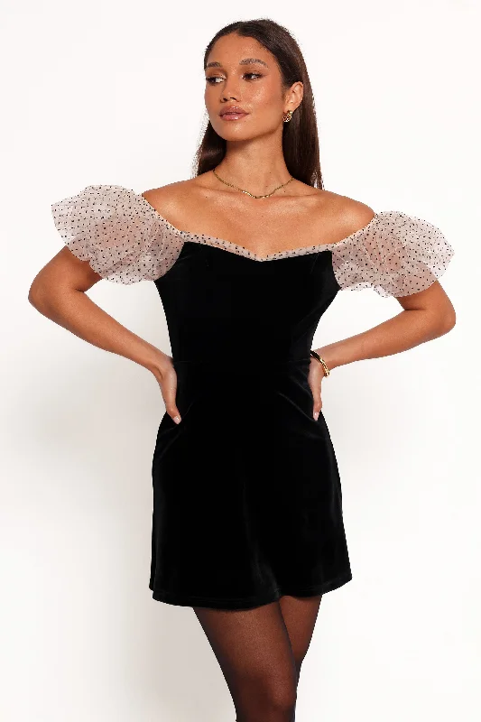 Ennette Velvet Mini Dress - Black Elegant Mini Dress with Ruffles