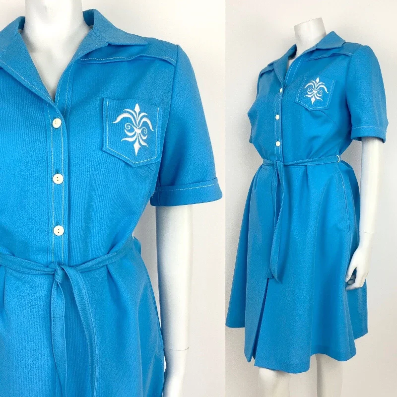 VINTAGE 60s 70s BLUE WHITE FLEUR DE LIS SHIRT WAIST BELTED DRESS SUMMER 14 16 Turtleneck Warm Winter VINTAGE 60s 70s BLUE WHITE FLEUR DE LIS SHIRT WAIST BELTED DRESS SUMMER 14 16 Turtleneck Warm Winter