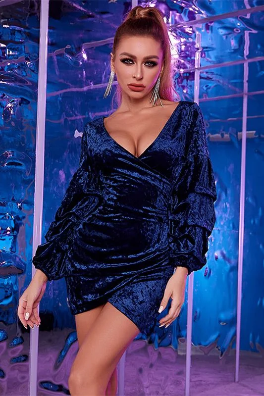 Royal Blue Velvet V-Neck Balloon Sleeve Pleated Bodycon Mini Dress Trendy Lace Mini Dress Royal Blue Velvet V-Neck Balloon Sleeve Pleated Bodycon Mini Dress Trendy Lace Mini Dress