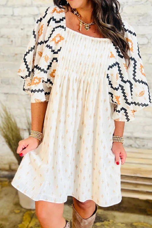 Geometric Square Neck Half Sleeve Mini Dress Cozy A-Line Mini Dress