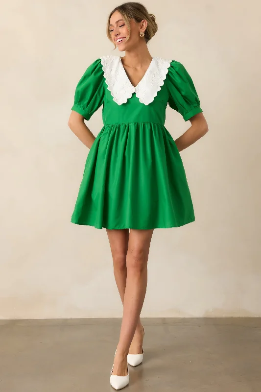 Weekend Brunch Green Collared Mini Dress Elegant Satin Lace Mini Dress