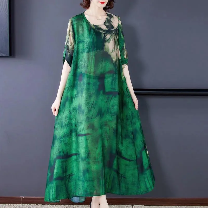 Spring and Summer Literary Temperament High-end Dress Women's Large Size Loose and Thin Covering Belly Printing Irregular Tunics Short Trendy Spring and Summer Literary Temperament High-end Dress Women's Large Size Loose and Thin Covering Belly Printing Irregular Tunics Short Trendy