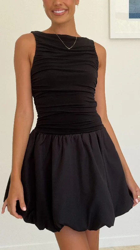 Meera Boat Neck Mini Dress - Black Comfortable Linen Mini Dress