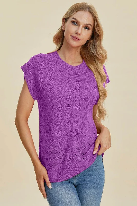 Double Take Full Size Cable-Knit Round Neck Cap Sleeve Sweater Handmade Hand-knitted Hand-woven