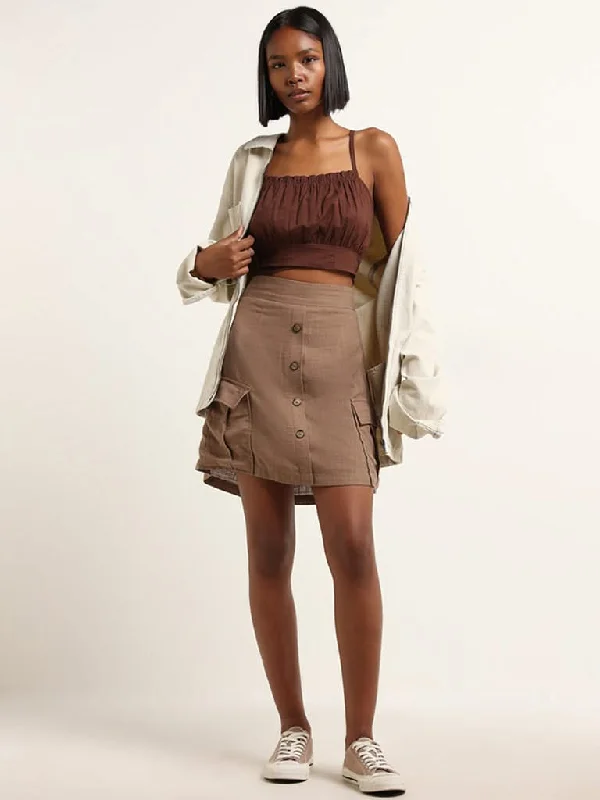 Nuon Brown High-Rise Blended Linen Skirt wool skirt warm