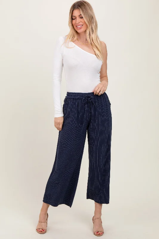 Navy Striped Drawstring Linen Blend Wide Leg Pants Cozy Jogger Leggings