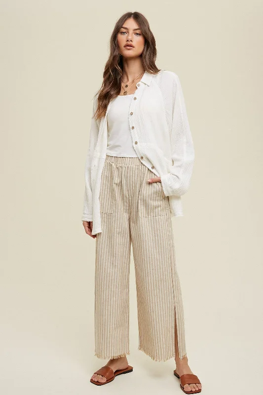 Taupe Striped Linen Slit Hem Pants Slim Fit Casual Pants