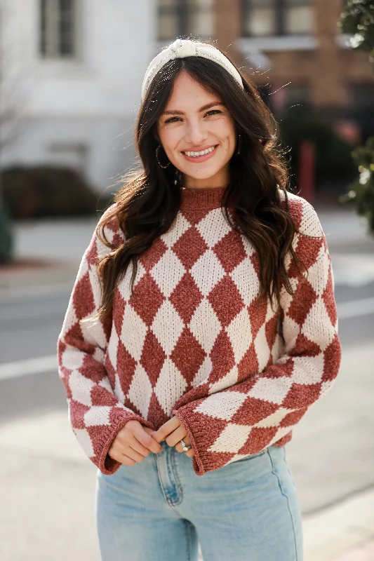 FINAL SALE - Stylish Outlook Brown Argyle Chenille Sweater Silk Blend Satin Velvet