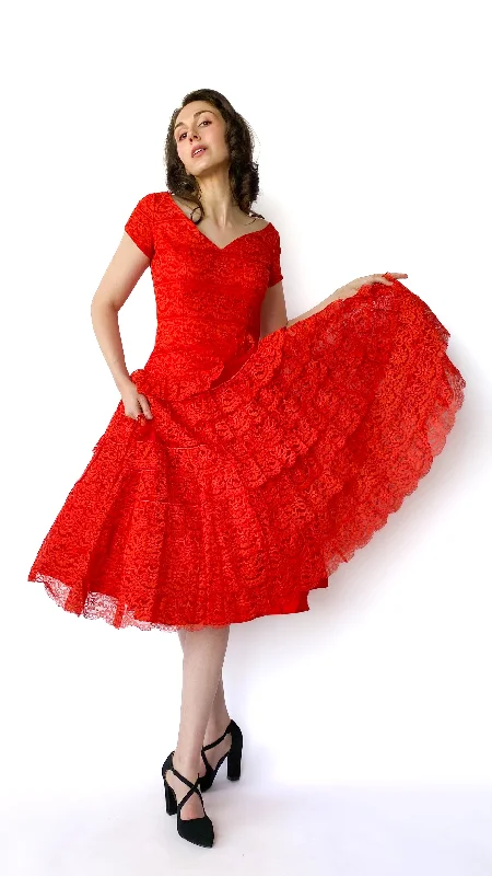 1950s Red Orange Ruffle Lace Party Dress, sz. S Tunics Fashionable trendy