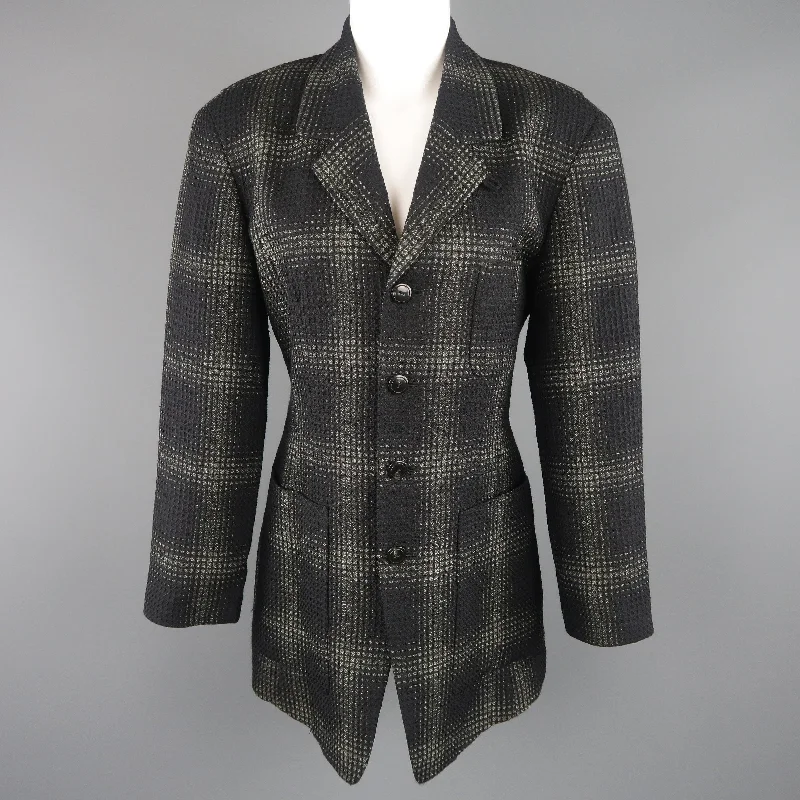 MATSUDA Size L Black & Moss Green Plaid Wool / Silk Jacket Coat Tailored Jacket Straight Jacket A-Line Jacket MATSUDA Size L Black & Moss Green Plaid Wool / Silk Jacket Coat Tailored Jacket Straight Jacket A-Line Jacket