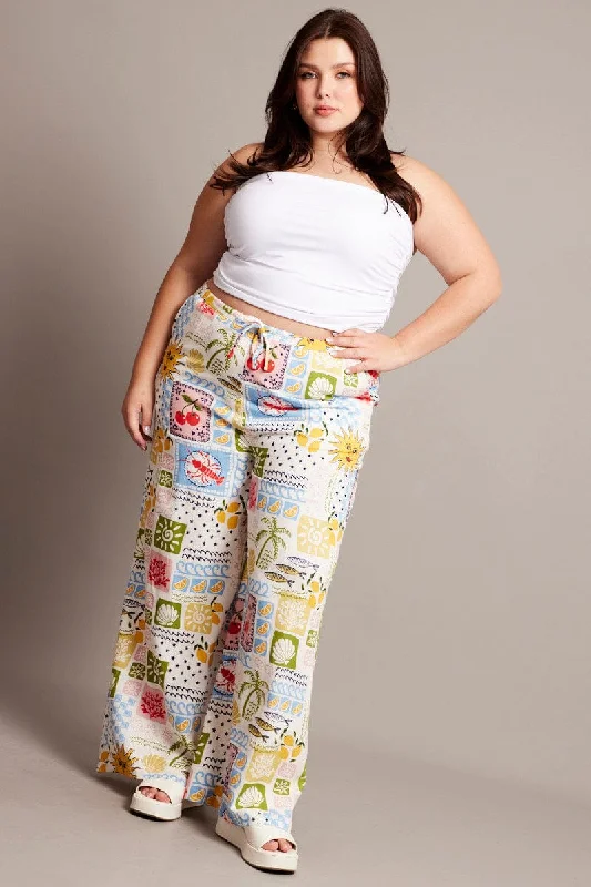 Multi Abstract Drawstring Waist Linen Blend Pants Cozy Lounge Pants