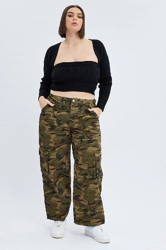 Green Abstract Cargo Pants Camouflage Wide Leg Cotton Drill Trendy Velvet Pants